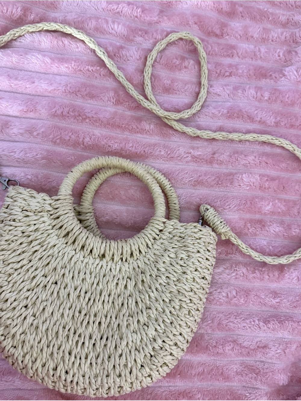 Neutral Straw Woven Circle Handle Crossbody Bag